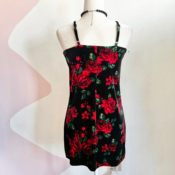 Black Floral‎ Velvet Mini Dress, Gothic Whimsigoth Coquette Grunge Small - Picture 3 of 7